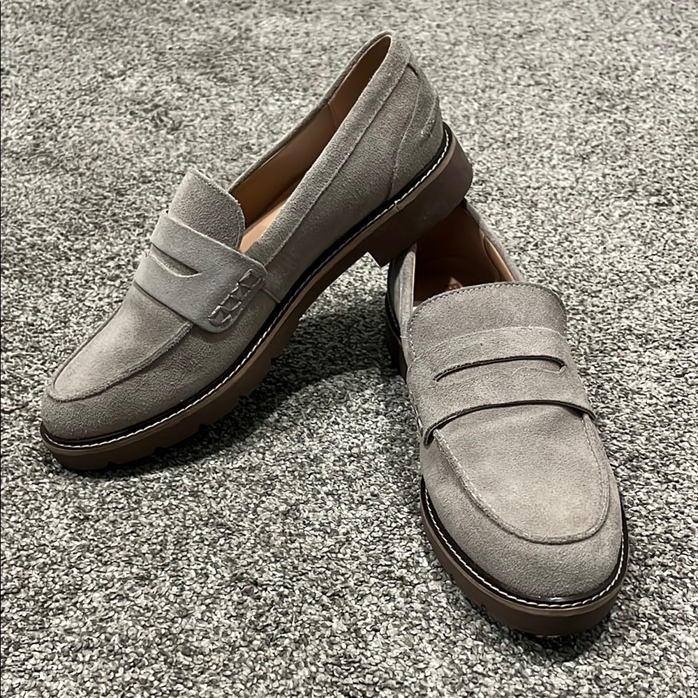 Gray Suede Loafers with Moccasin Toe and Penny Strap